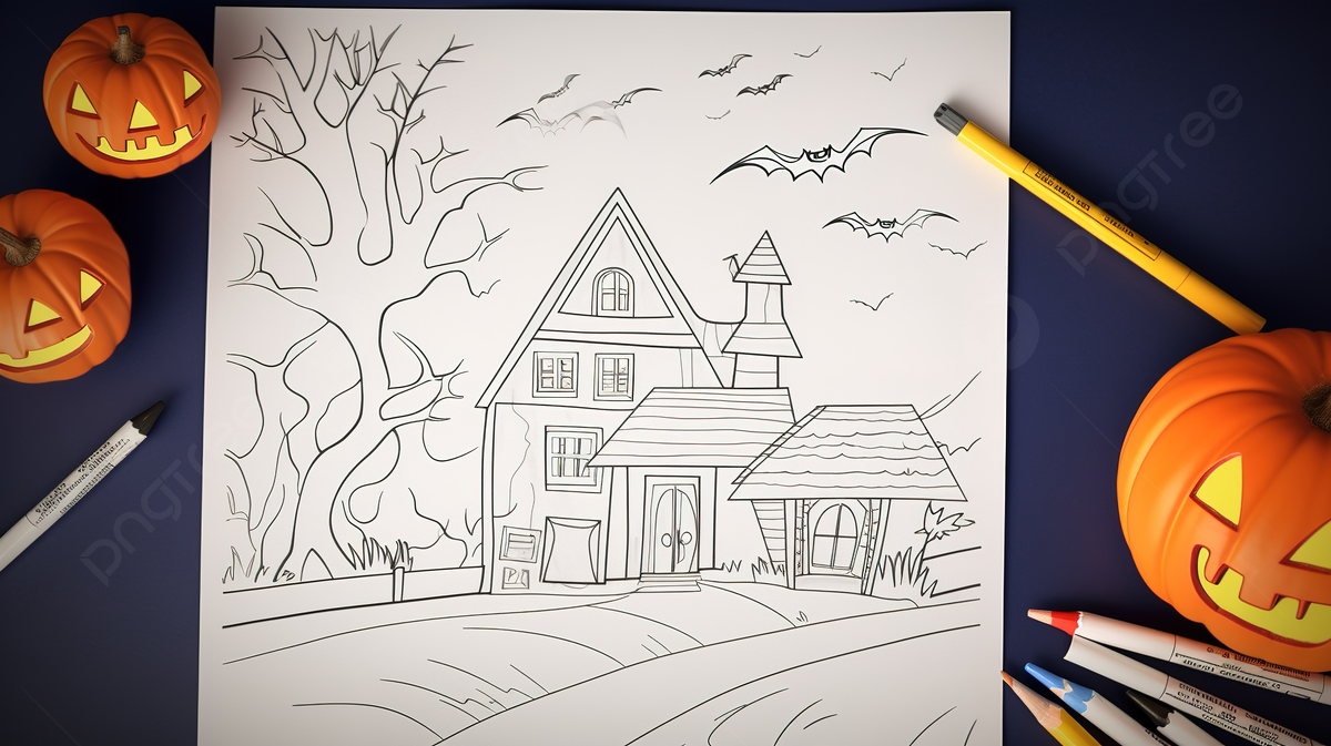 Halloween house coloring page halloween coloring page of a house with pumpkins and halloween colored pencils background halloween trace picture background image and wallpaper for free download