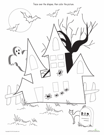 Trace color the haunted house worksheet education halloween preschool halloween coloring pages halloween kindergarten