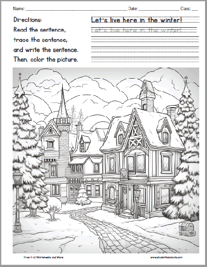 Winter home coloring page student handouts