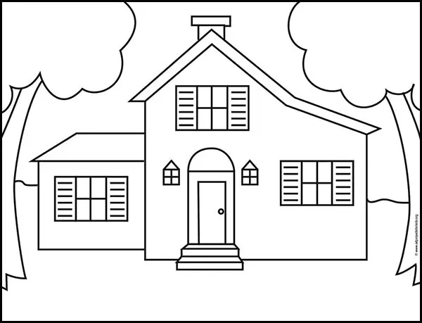 Easy how to draw a house tutorial and house coloring page