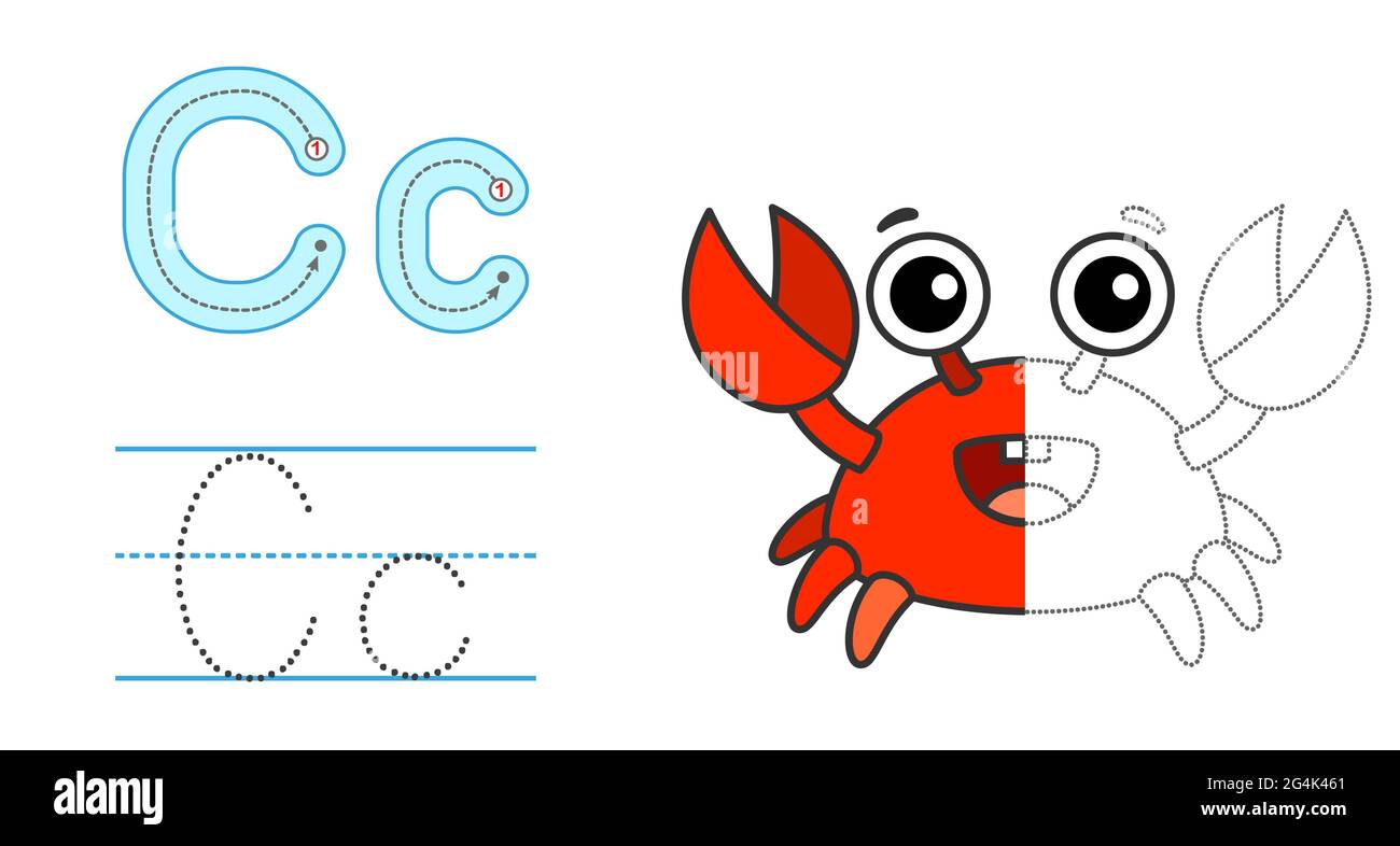 Trace the letter and picture and color it educational children tracing game coloring alphabet letter c and funny crab stock vector image art