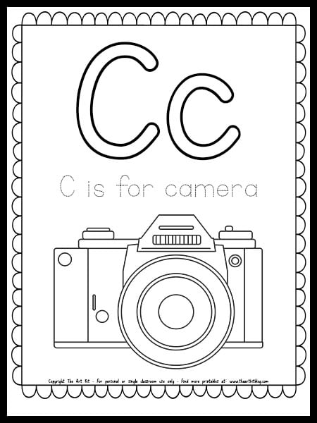 Free printable letter c is for camera coloring page â the art kit