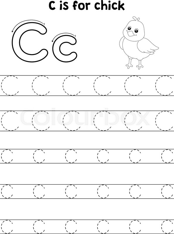 Chick animal tracing letter abc coloring page c stock vector