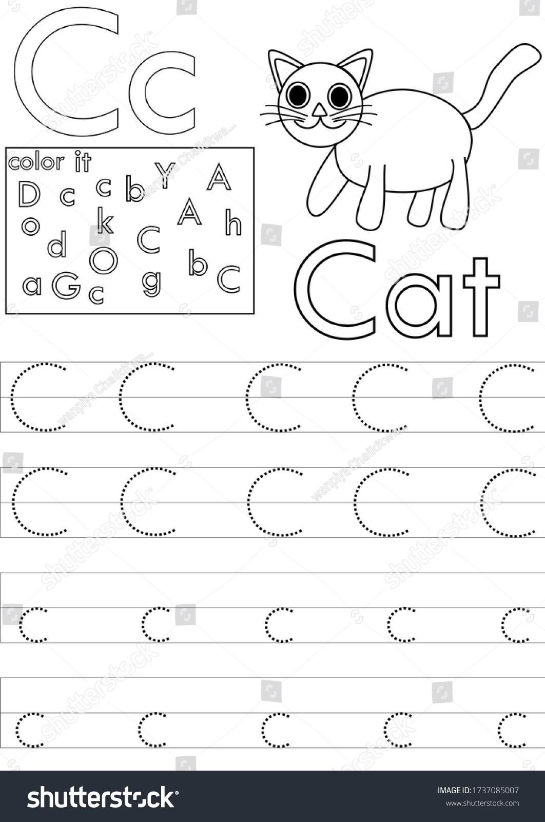 Letter c worksheet kindergartenalphabet tracing sheet stock vector royalty free