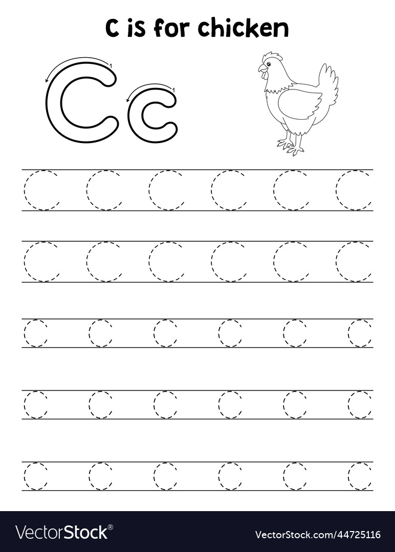 Chicken animal tracing letter abc coloring page c vector image