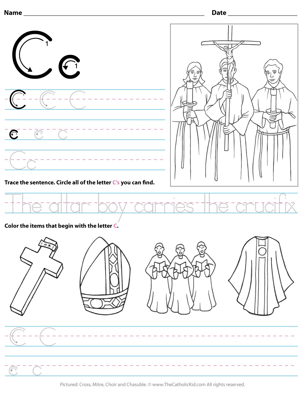 Catholic alphabet letter c worksheet preschool kindergarten