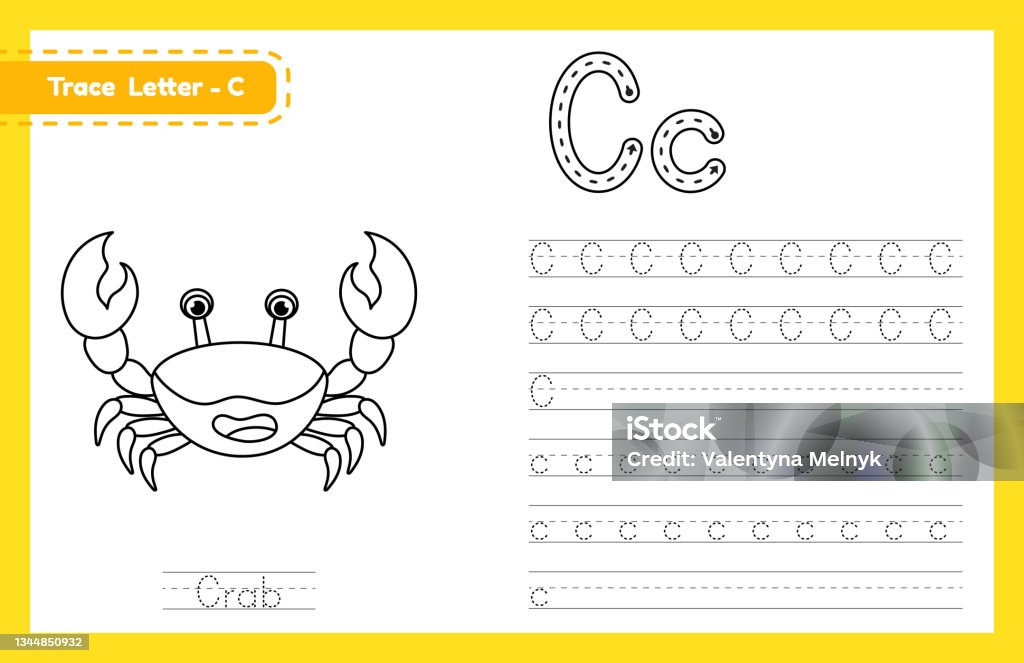 Trace letter c uppercase and lowercase alphabet tracing practice preschool worksheet for kids learning english with cute cartoon animal coloring book for pre k kindergarten vector illustration stock illustration