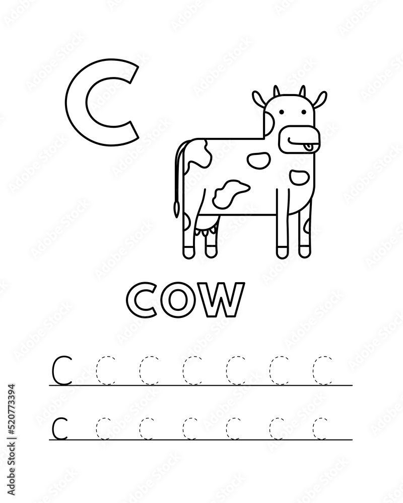 Alphabet with cute cartoon animals isolated on white background coloring pages for children education vector illustration of cow and tracing practice worksheet letter c vector