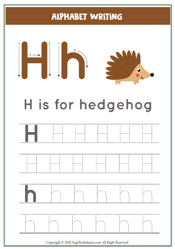 Letter h alphabet tracing worksheet with animal illustration