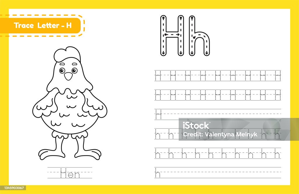 Trace letter h uppercase and lowercase alphabet tracing practice preschool worksheet for kids learning english with cute cartoon animal coloring book for pre k kindergarten vector illustration