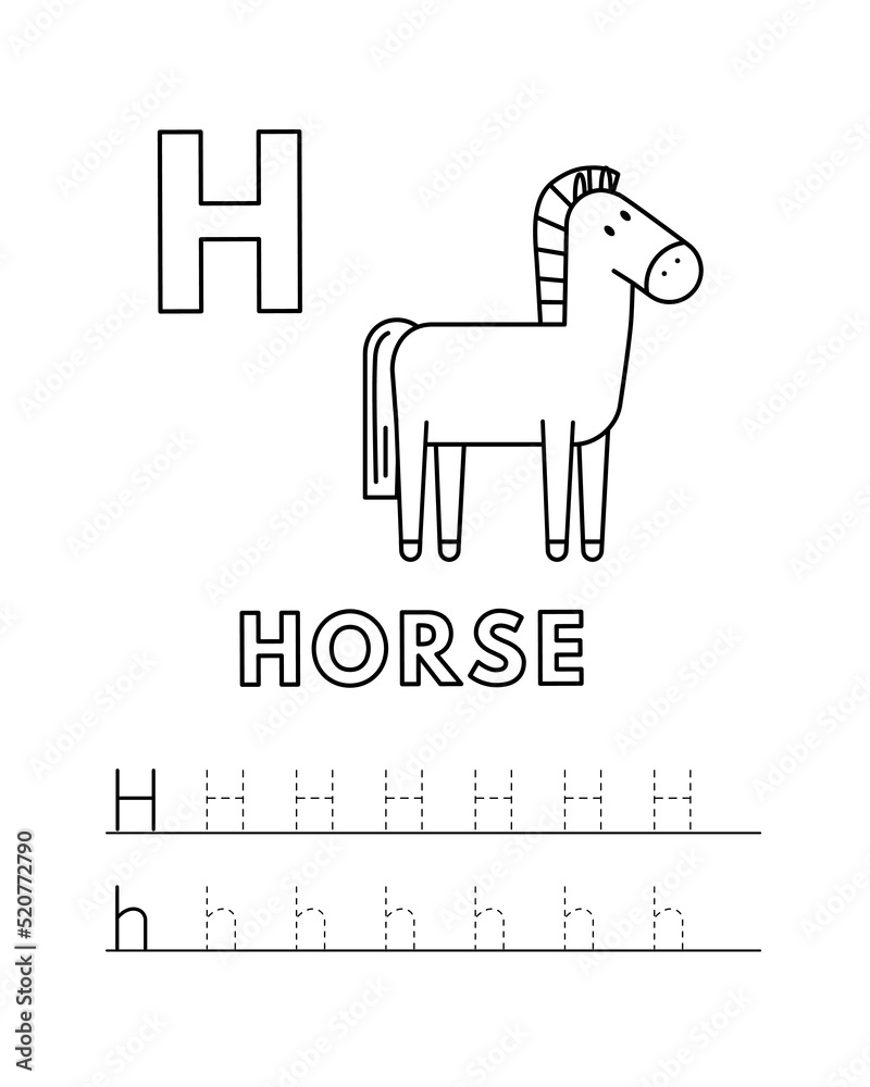 Alphabet with cute cartoon animals isolated on white background coloring pages for children education vector illustration of horse and tracing practice worksheet letter h