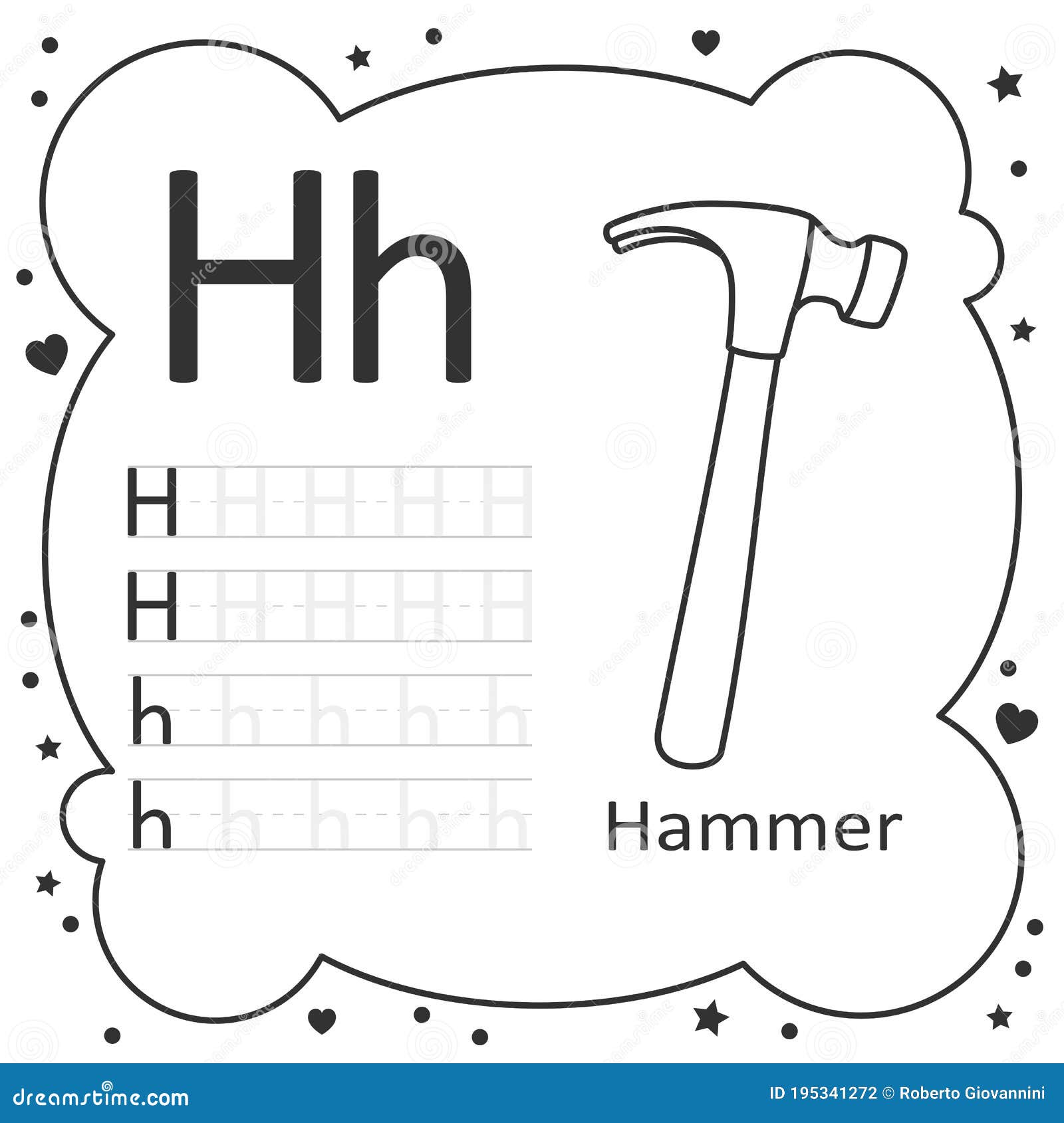 Coloring alphabet tracing letters hammer stock vector