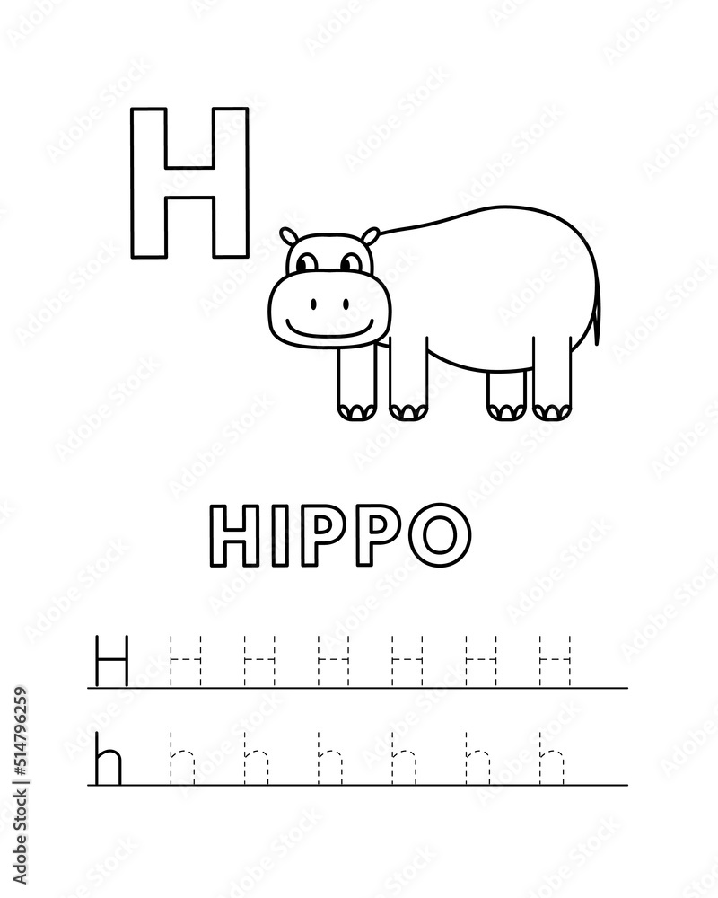 Alphabet with cute cartoon animals isolated on white background coloring pages for children education vector illustration of hippo and tracing practice worksheet letter h vector