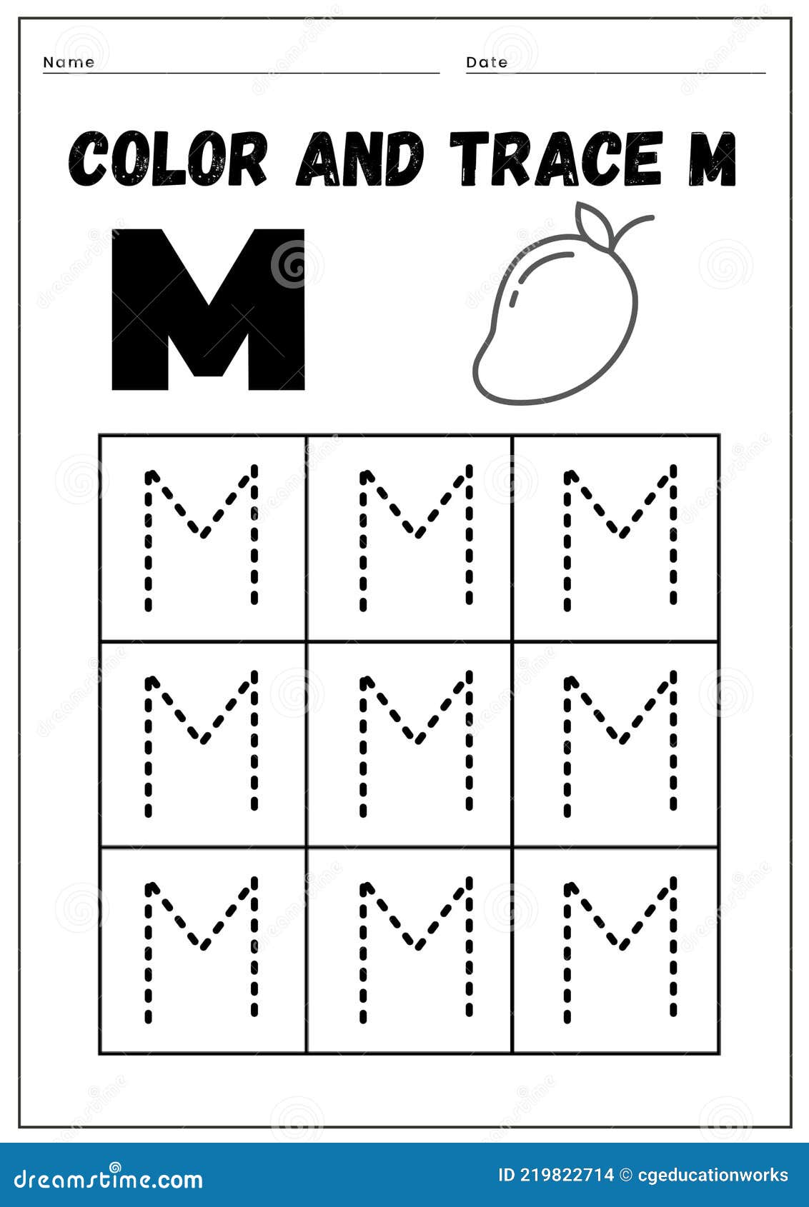 Color and trace alphabet m worksheet stock vector