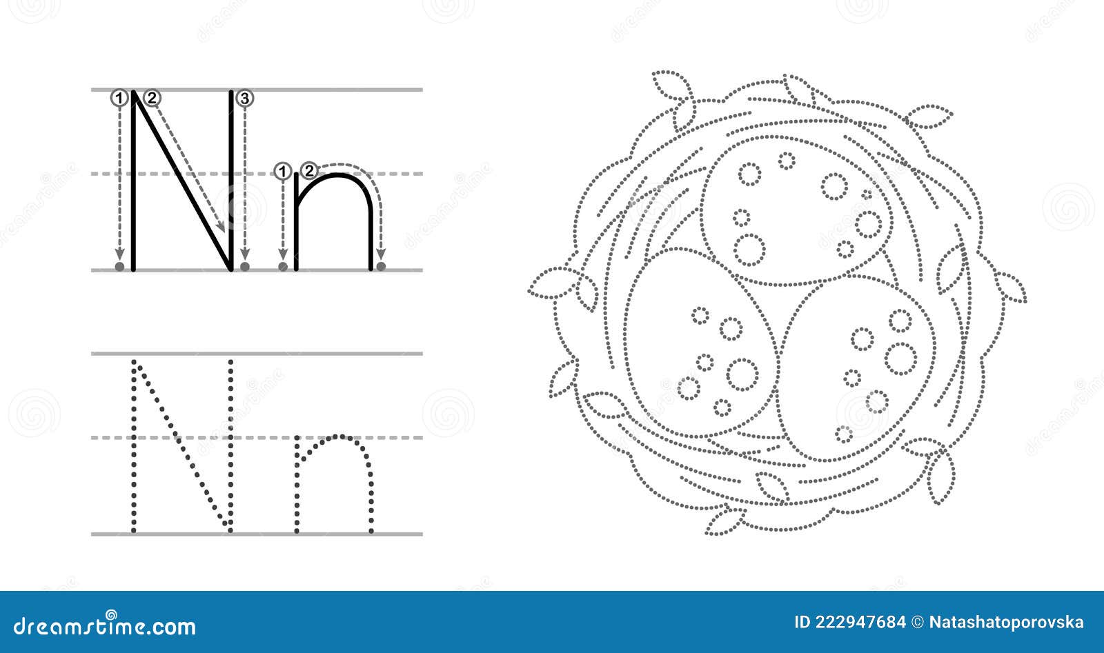 Trace the letter and picture and color it educational children tracing game coloring alphabet letter n and nest with stock vector