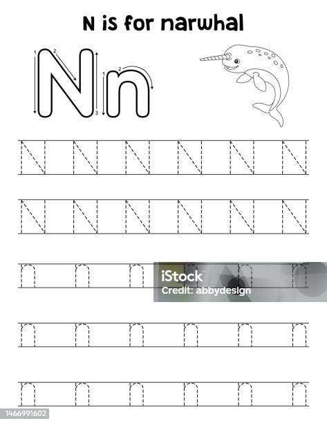 Narwhal animal tracing letter abc coloring page n stock illustration