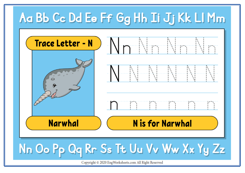 Alphabet letter n exercise with cartoon vocabulary