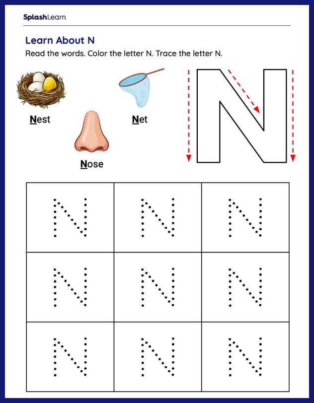 Letter n tracing worksheets for kids online