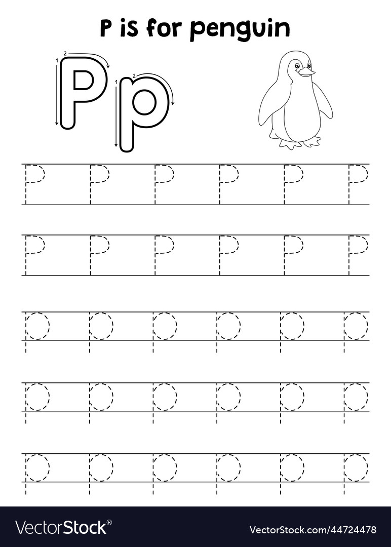 Penguin animal tracing letter abc coloring page p vector image