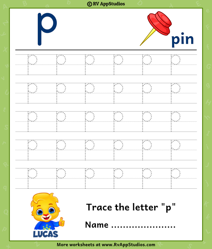 Trace lowercase letter p worksheet for free