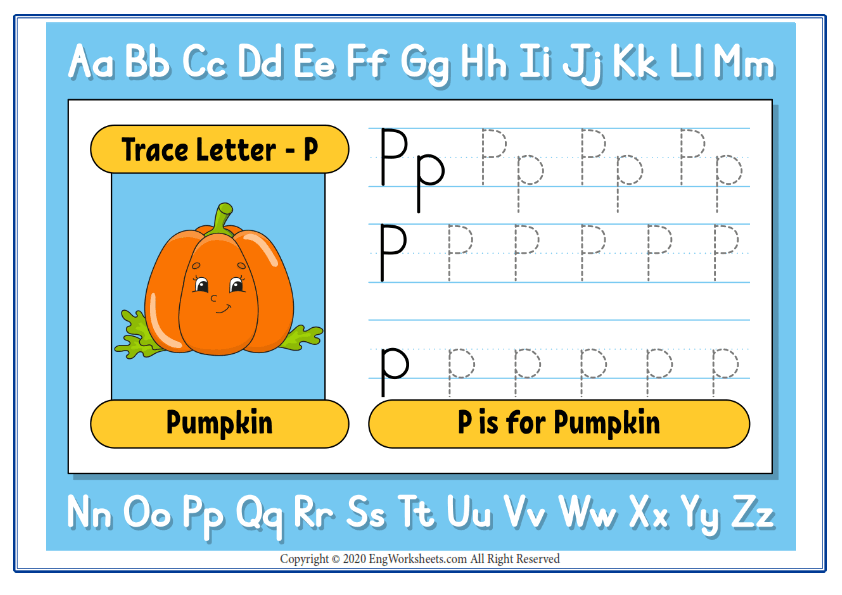 Alphabet letter p exercise with cartoon vocabulary