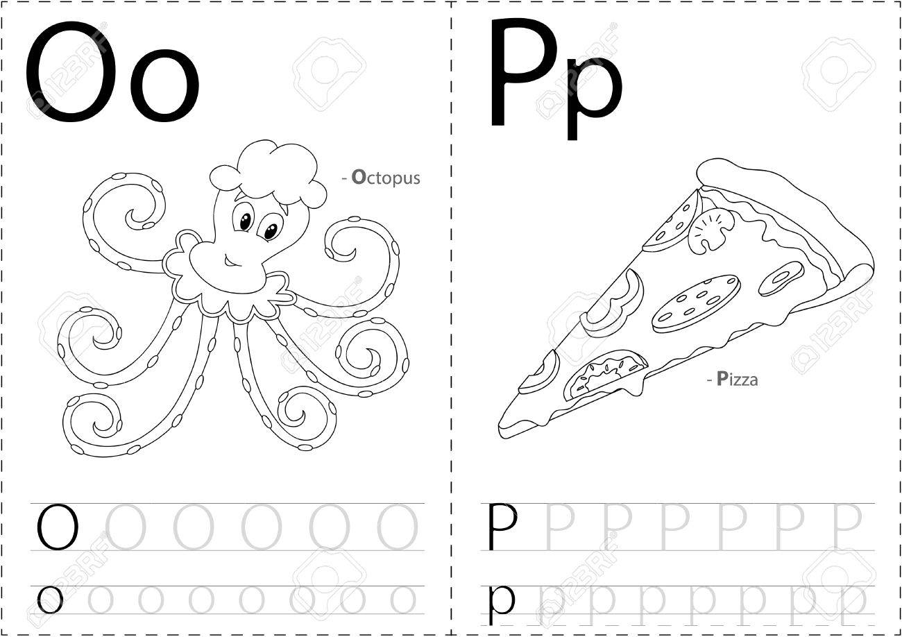 Cartoon octopus and pizza alphabet tracing worksheet writing a