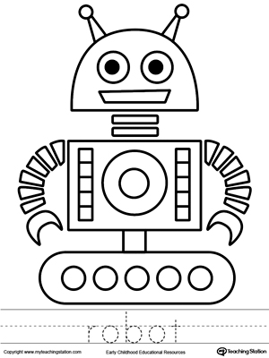 Free robot coloring page and word tracing