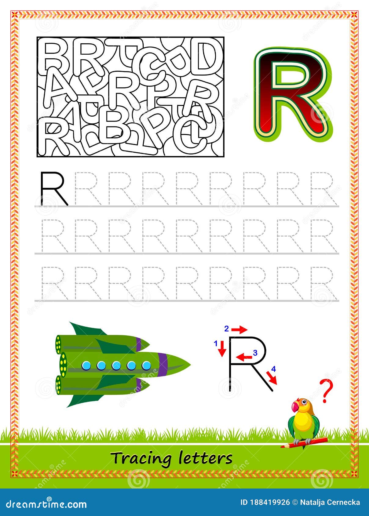 Worksheet for tracing letters find and paint all letters r kids activity sheet educational page for children coloring book stock vector