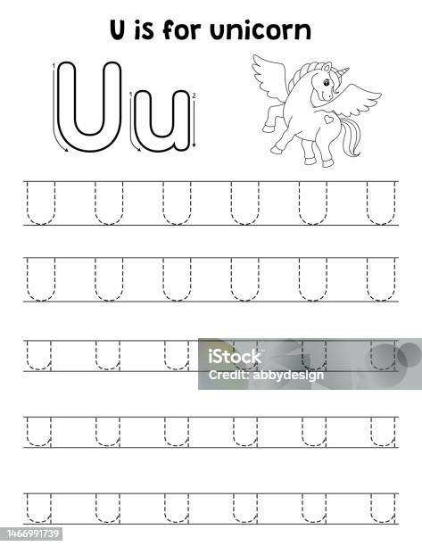 Unicorn animal tracing letter abc coloring page u stock illustration