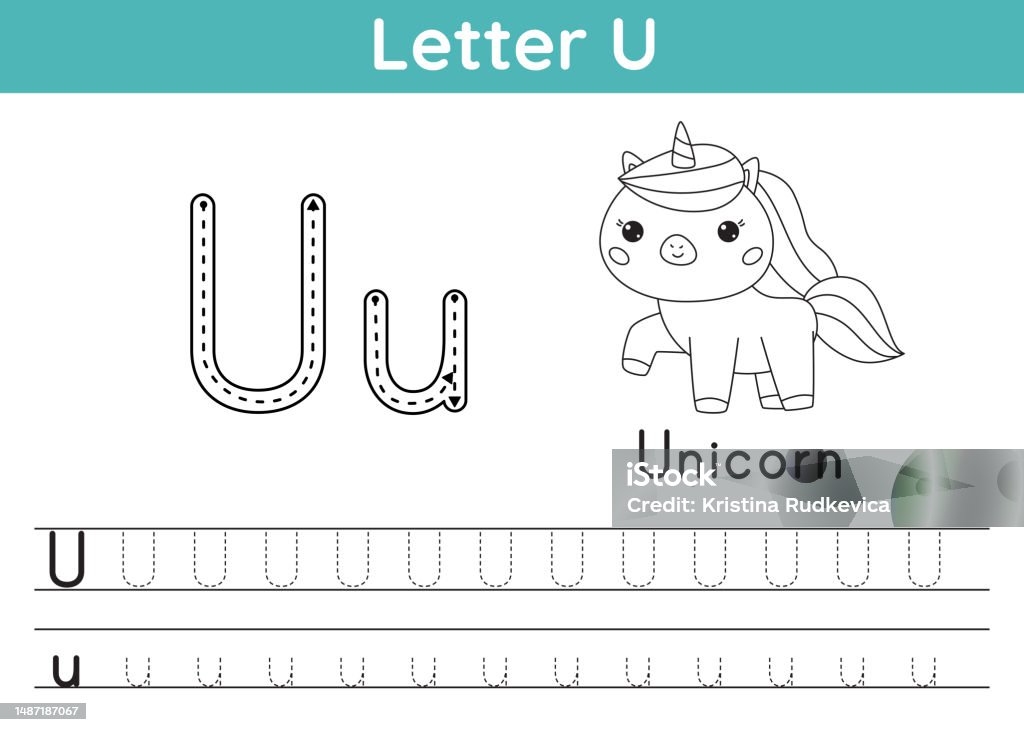 Alphabet abc az exercise coloring page trace letter u vocabulary for coloring book cute kawaii unicorn printable activity worksheet for kids educational game vector illustration stock illustration