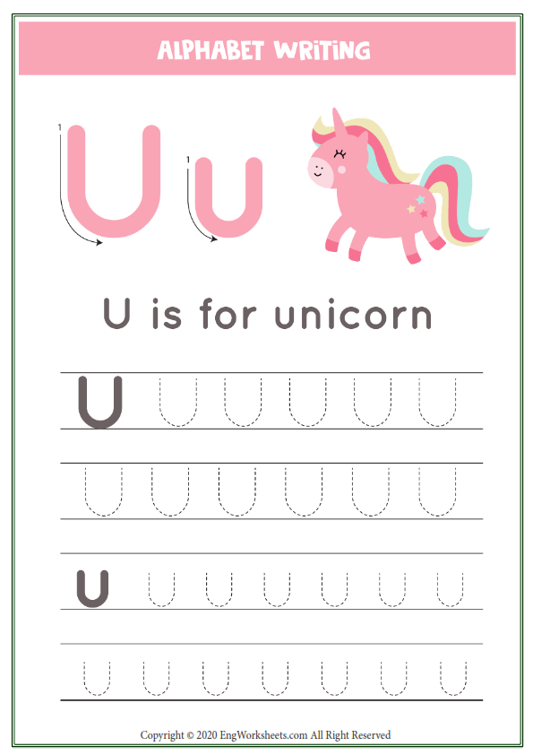 Letter u alphabet tracing worksheet with animal illustration