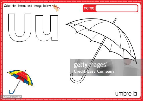 Vector illustration of kids alphabet coloring book page with outlined clip art to color letter u for umbrella high