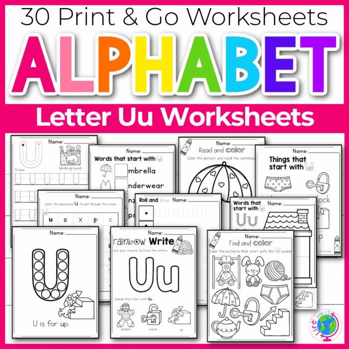 Free printable letter u worksheets tracing letter recognition alphabet sounds