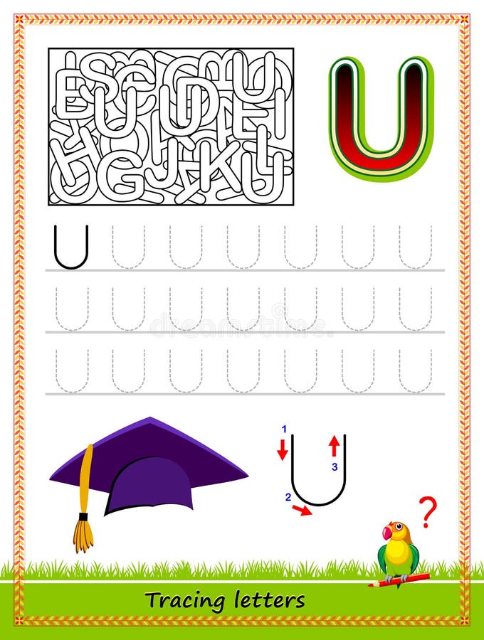 Worksheet for tracing letters find and paint all letters u kids activity sheet educational page for children coloring book stock vector