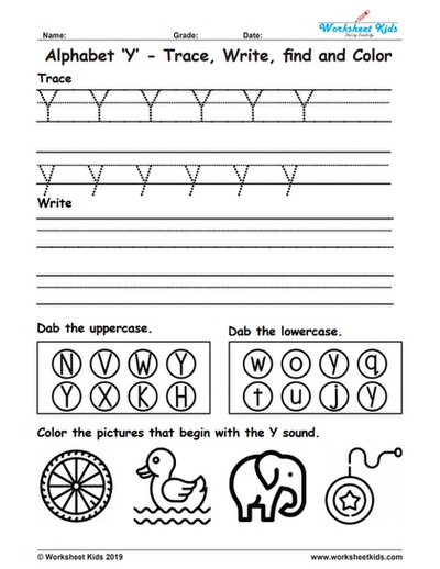 Alphabet letter y trace write find color