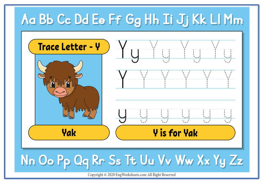 Alphabet letter y exercise with cartoon vocabulary