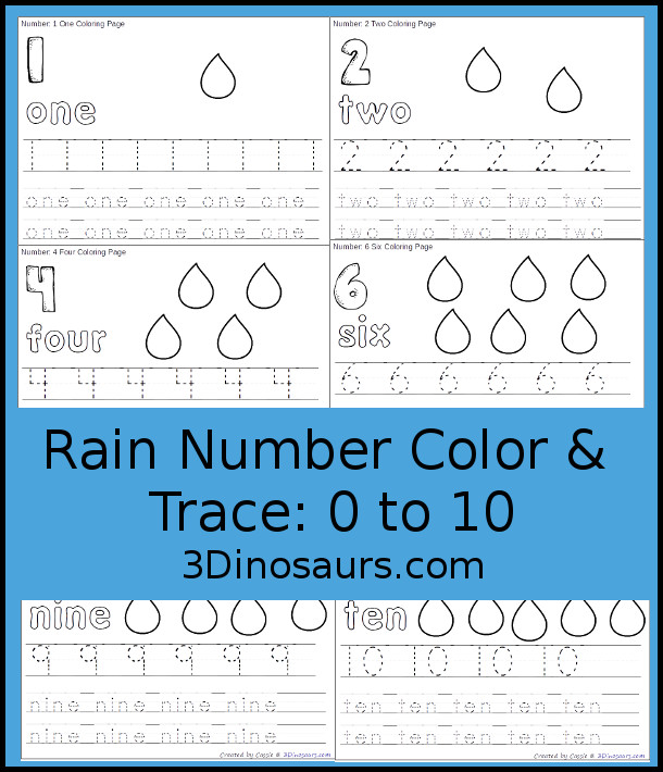 Free rain number color and trace numbers to dinosaurs