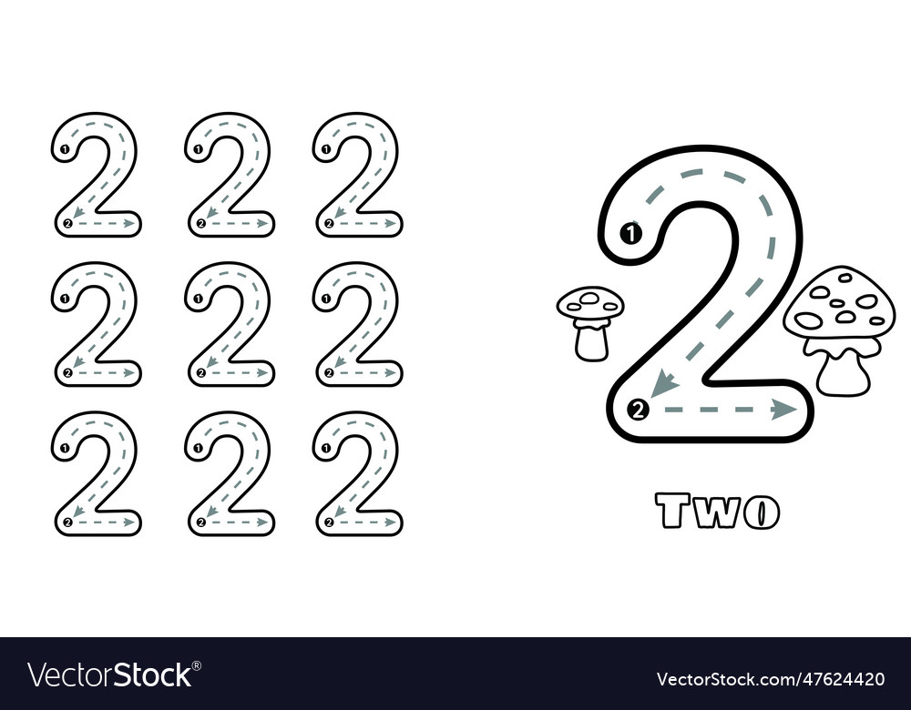 Number two trace practice worksheet for prek kids vector image