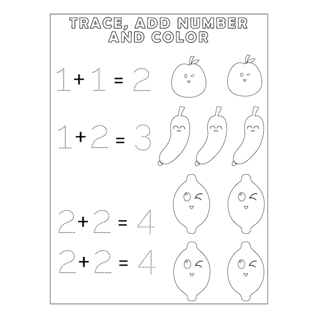 Premium vector tracing number add number and color pages for kids printable premium vector