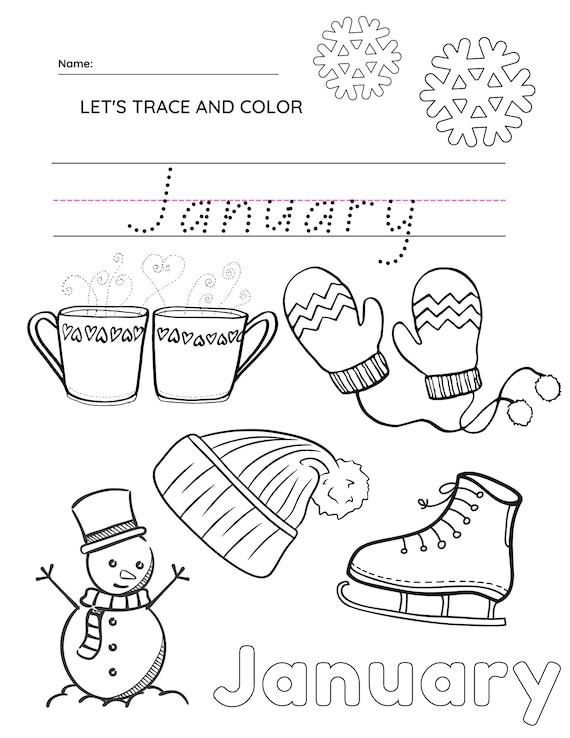 Months coloring pages jan dec coloring pages for kids trace color handwriting worksheet instant downloadable coloring book