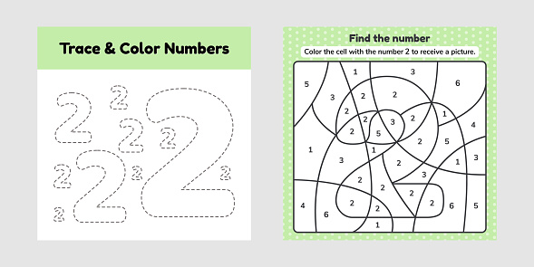 Coloring book number for kids worksheet for preschool kindergarten and school age trace line write and color a two stock illustration