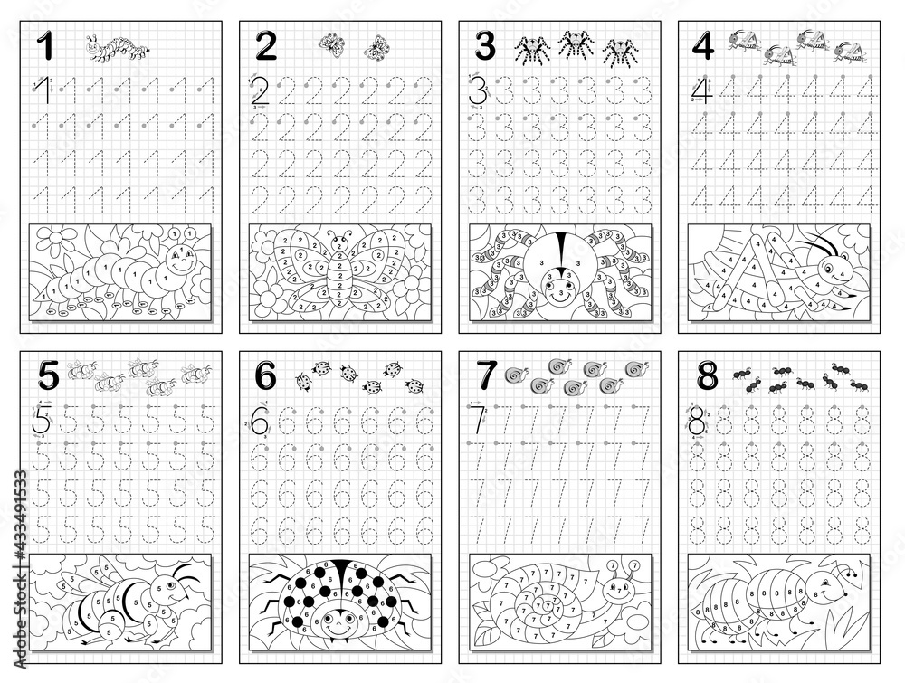 Set of black and white educational pages on square paper for kids trace numbers and color insects printable worksheet for children textbook coloring book developing writing skill back to school vector