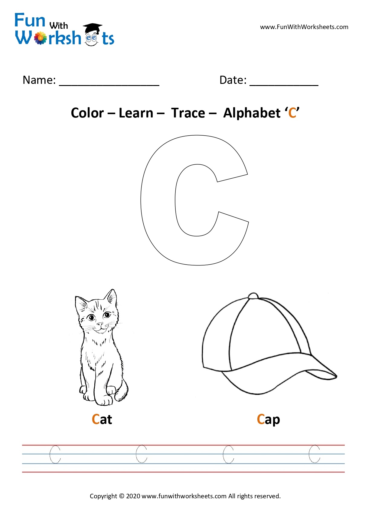 Capital letter c color learn and trace