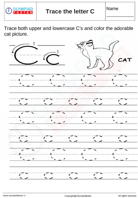 Catchy cursive c trace the letter c with a cute cat olympiad tester