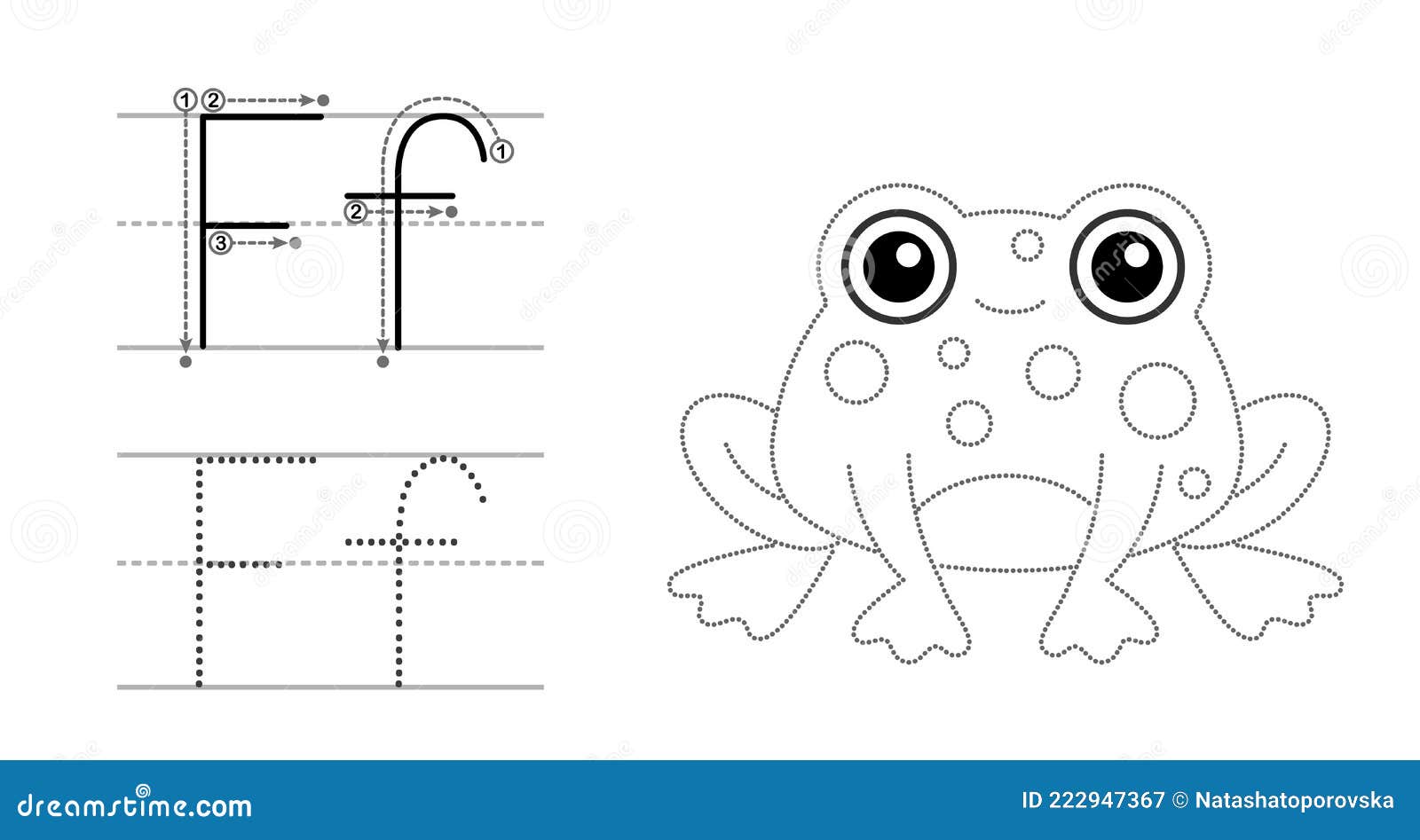 Trace the letter and picture and color it educational children tracing game coloring alphabet letter f and funny frog stock vector