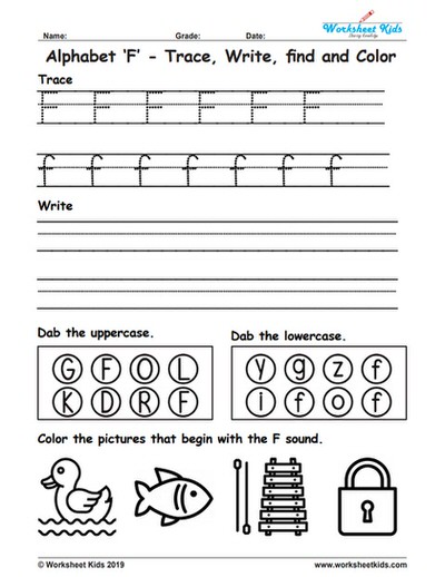 Alphabet letter f trace write find color