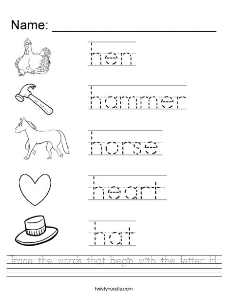 Trace the words that begin with the letter h worksheet