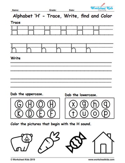 Alphabet letter h trace write find color