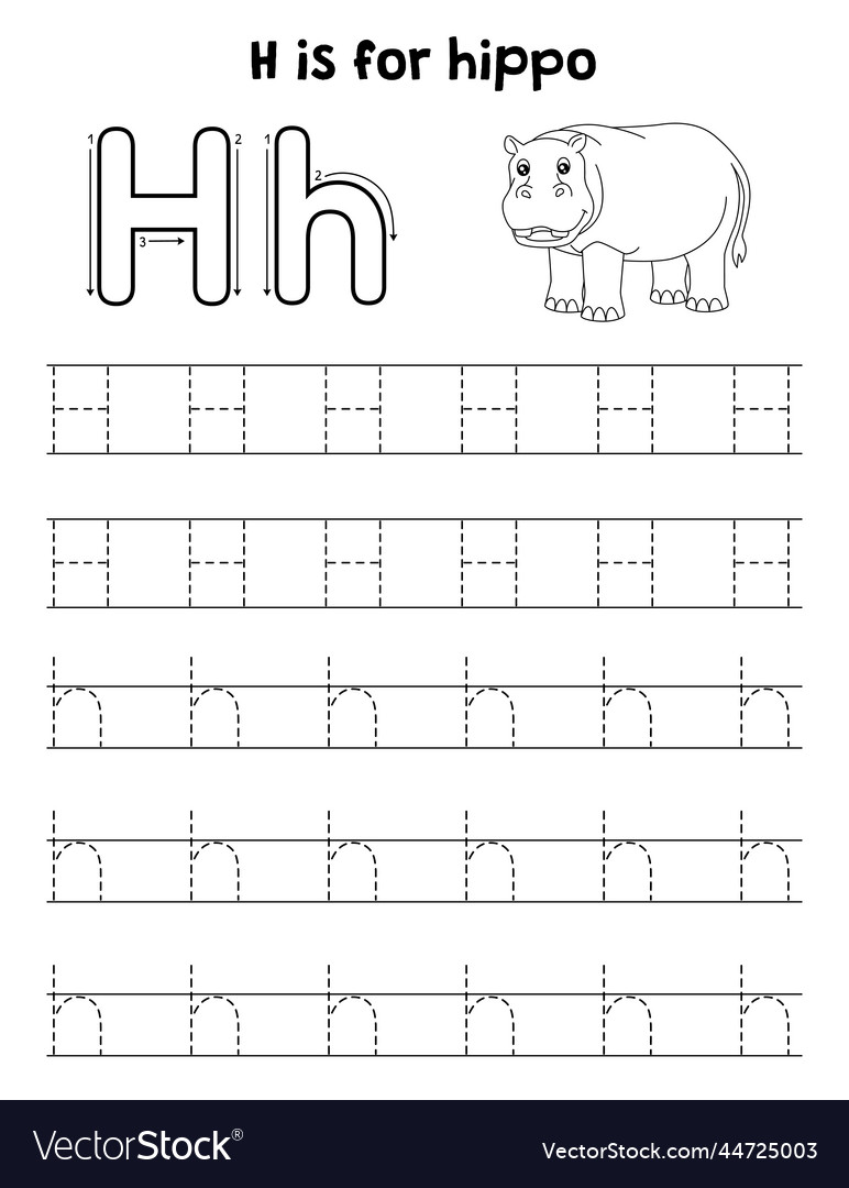 Hippo animal tracing letter abc coloring page h vector image