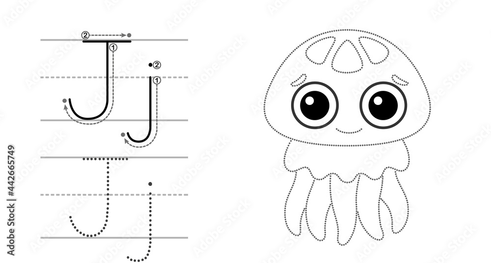 Trace the letter and picture and color it educational children tracing game coloring alphabet letter j and funny jellyfish vector